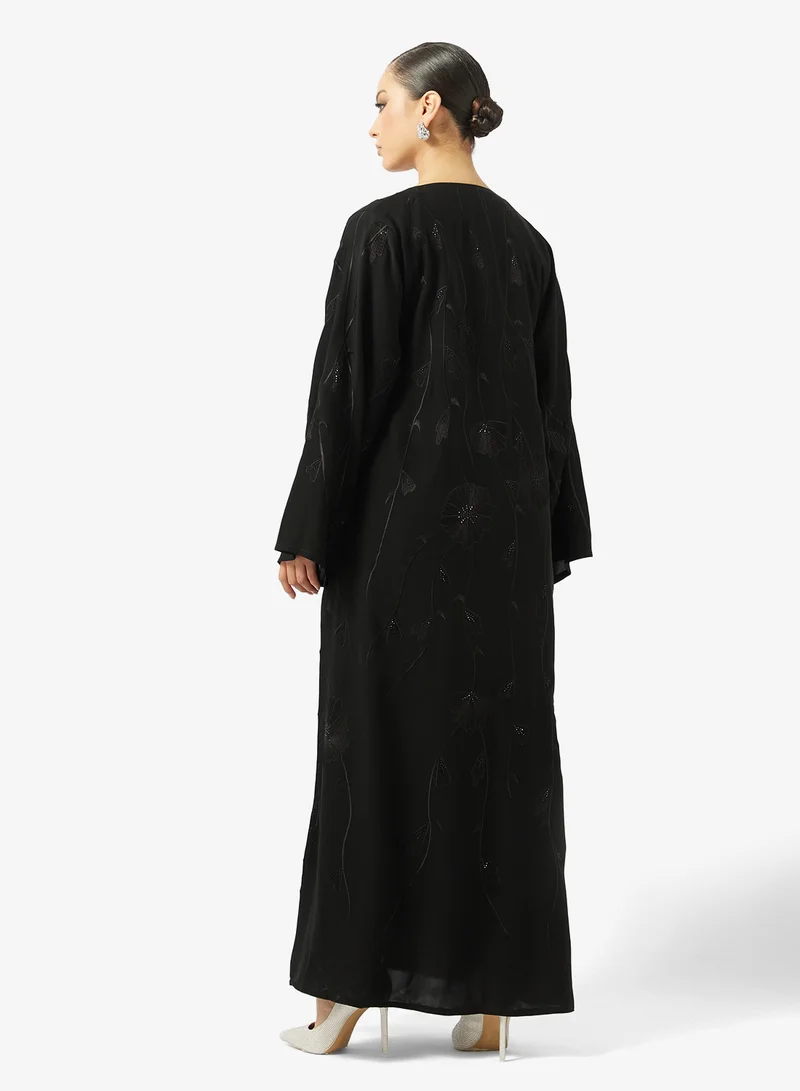 hayas closet Floral Embellished Open Front V Neck Abaya
